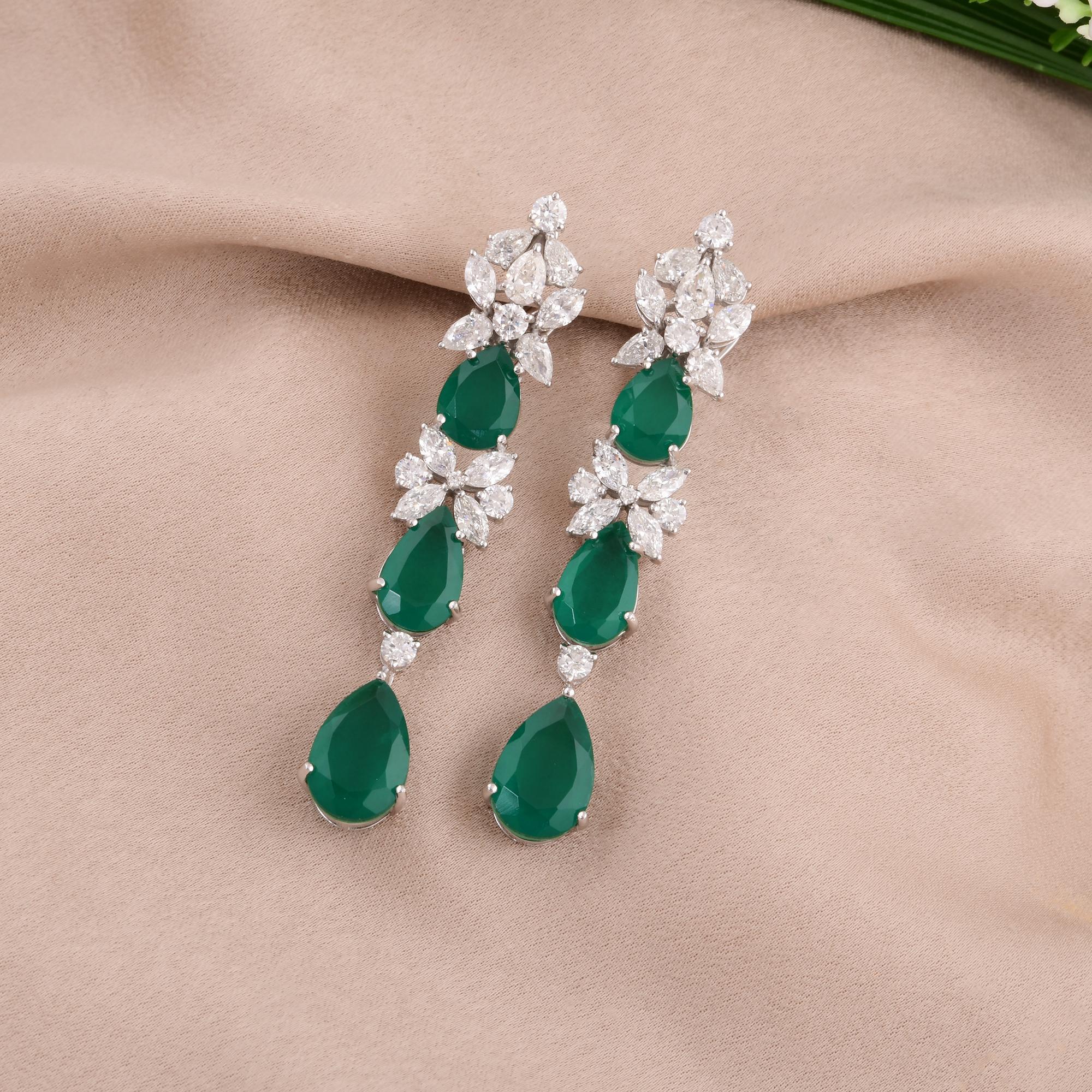 Modern Green Gemstone Dangle Earrings SI/HI Diamond 18 Karat White Gold Fine Jewelry For Sale