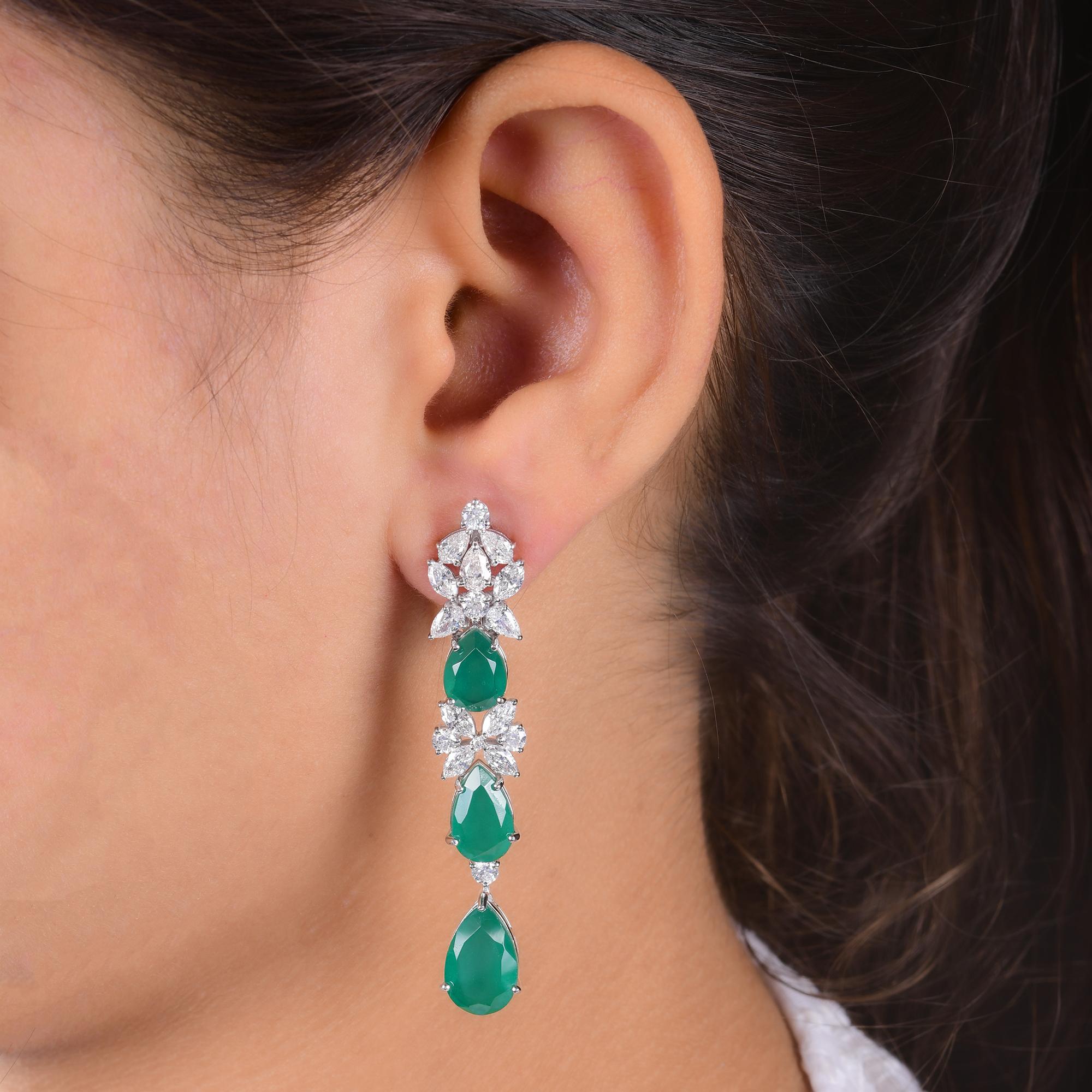 Taille ronde Boucles d'oreilles pendantes en pierres vertes SI/HI Diamant Or blanc 18 carats Bijoux fins en vente