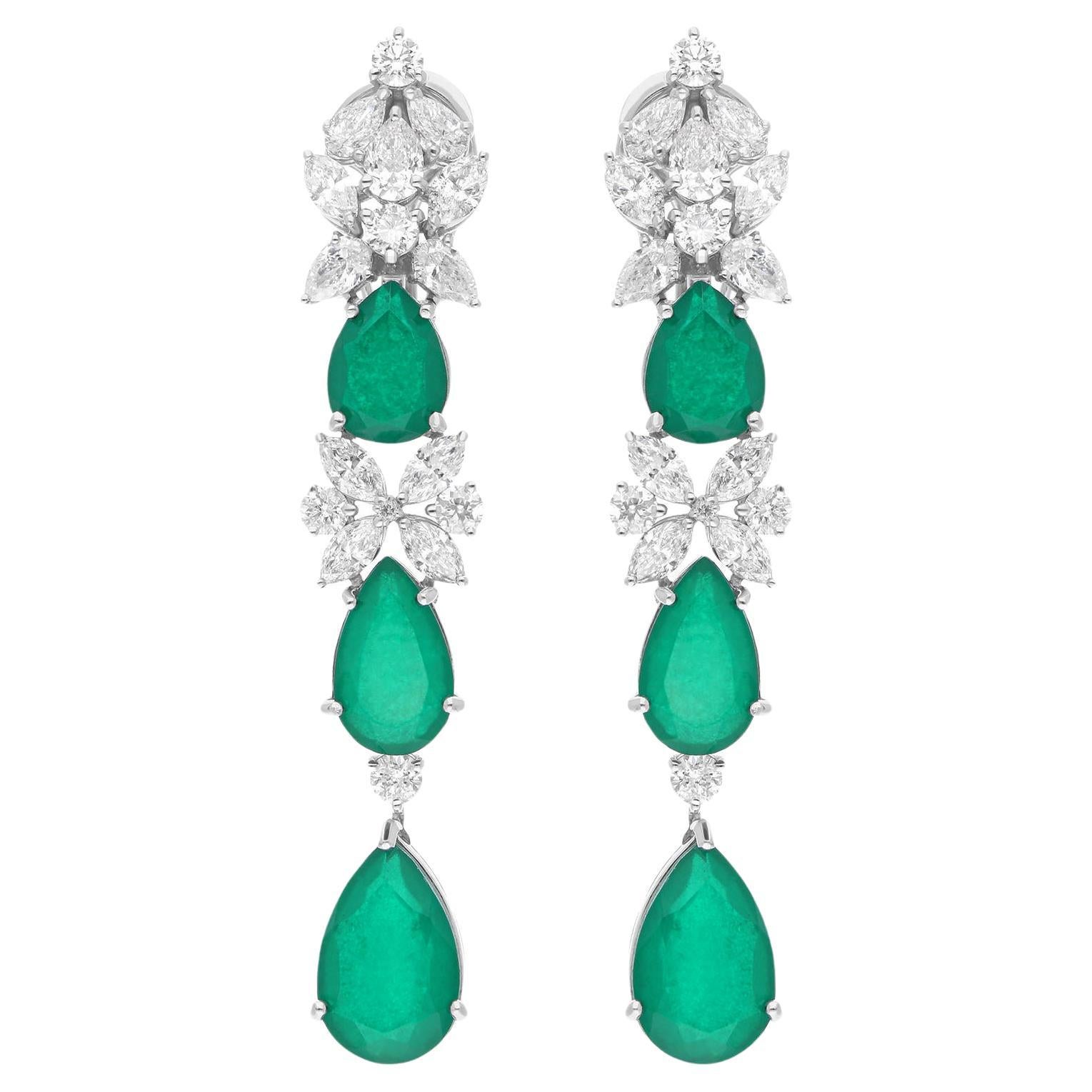 Boucles d'oreilles pendantes en pierres vertes SI/HI Diamant Or blanc 18 carats Bijoux fins en vente