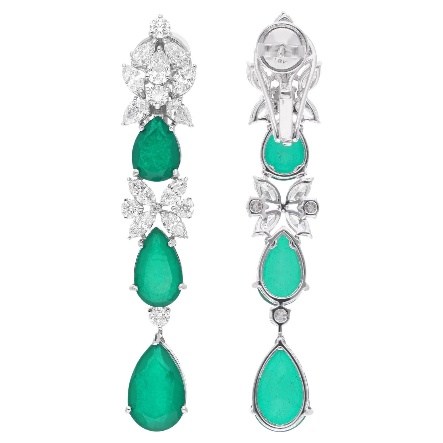 Green Gemstone Dangle Earrings SI/HI Diamond 18 Karat White Gold Fine Jewelry
