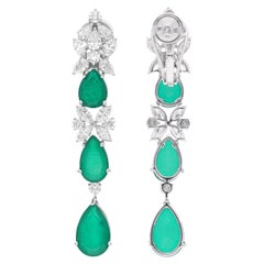 Green Gemstone Dangle Earrings SI/HI Diamond 18 Karat White Gold Fine Jewelry