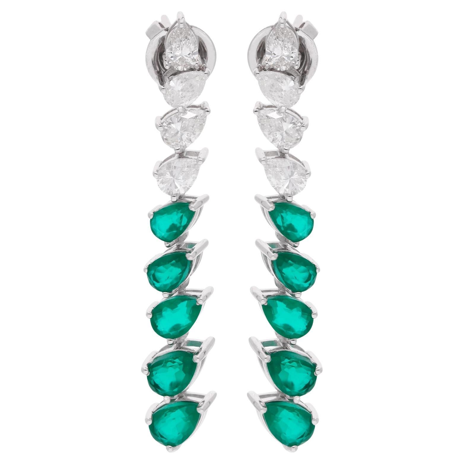 Orecchini a goccia lunghi con diamante e pietra verde Gioielli fatti a mano in oro bianco 14 carati