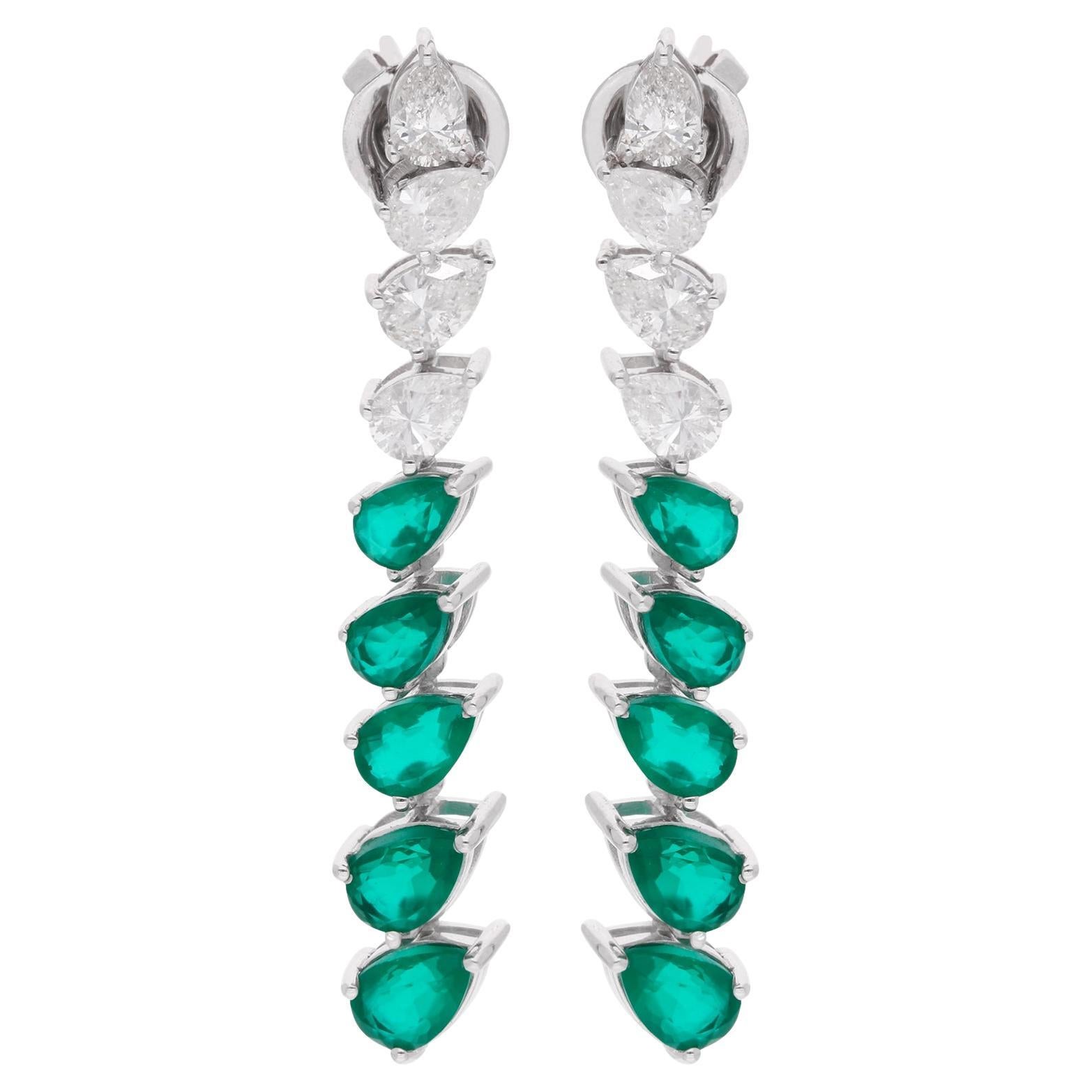 Green Gemstone & Diamond Stick Earrings 14 Karat Solid White Gold Fine Jewelry