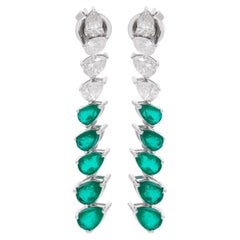 Boucles d'oreilles Sticks en or blanc massif 14 carats pierres précieuses vertes et diamants Fine Jewelry