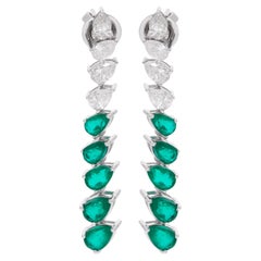 Green Gemstone & Diamond Stick Earrings 14 Karat Solid White Gold Fine Jewelry