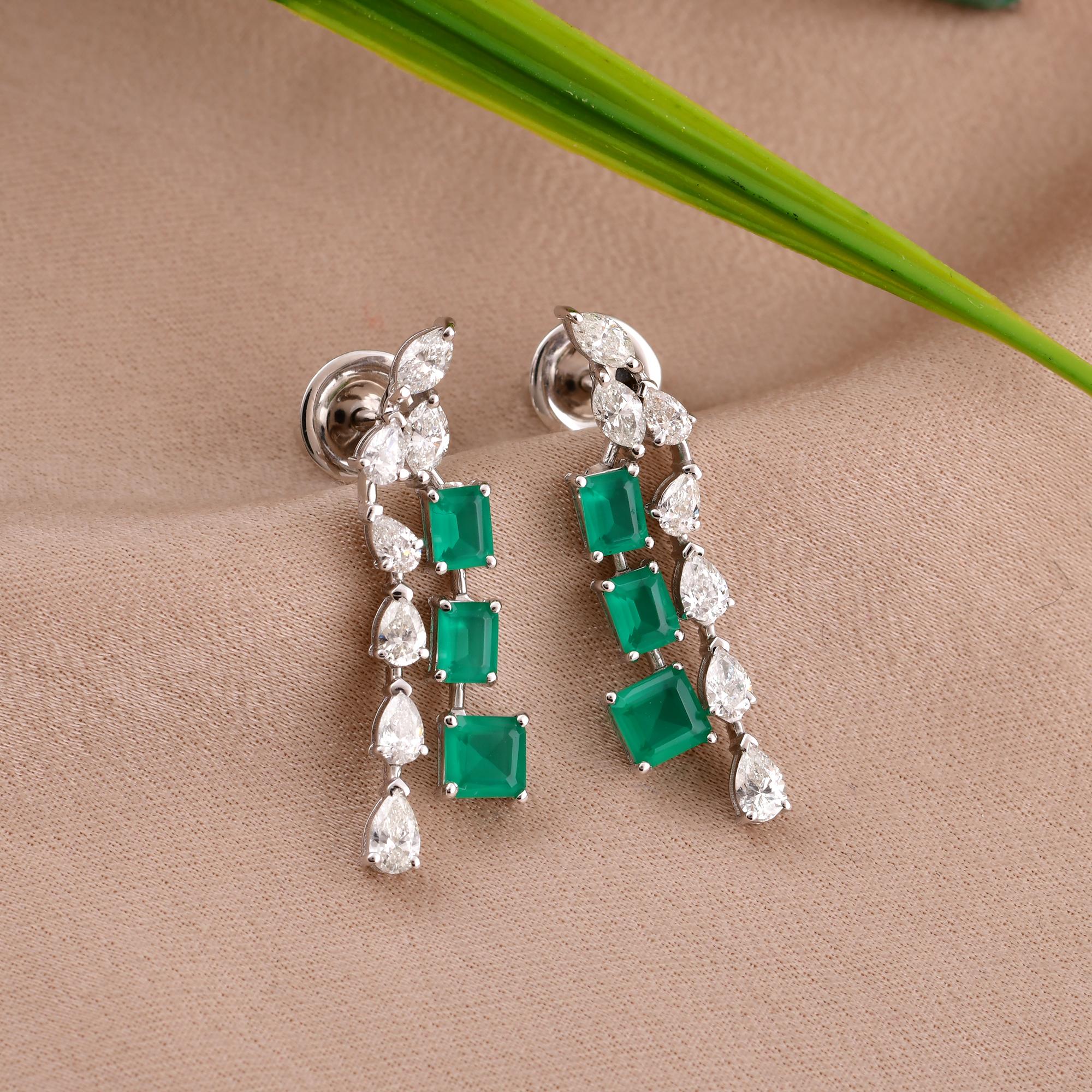 Pear Cut Green Gemstone Earrings Pear Shape Diamond 14 Karat White Gold Handmade Jewelry For Sale