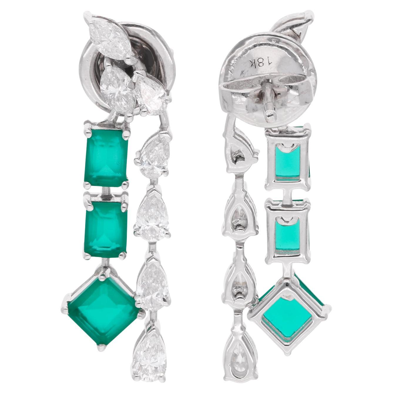 Green Gemstone Earrings Pear Shape Diamond 14 Karat White Gold Handmade Jewelry For Sale