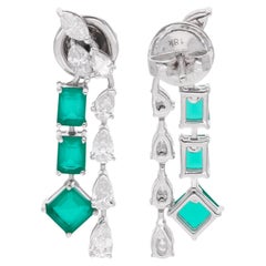 Green Gemstone Earrings Pear Shape Diamond 14 Karat White Gold Handmade Jewelry