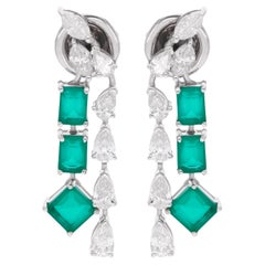 Green Gemstone Earrings Pear Shape Diamond 14 Karat White Gold Handmade Jewelry