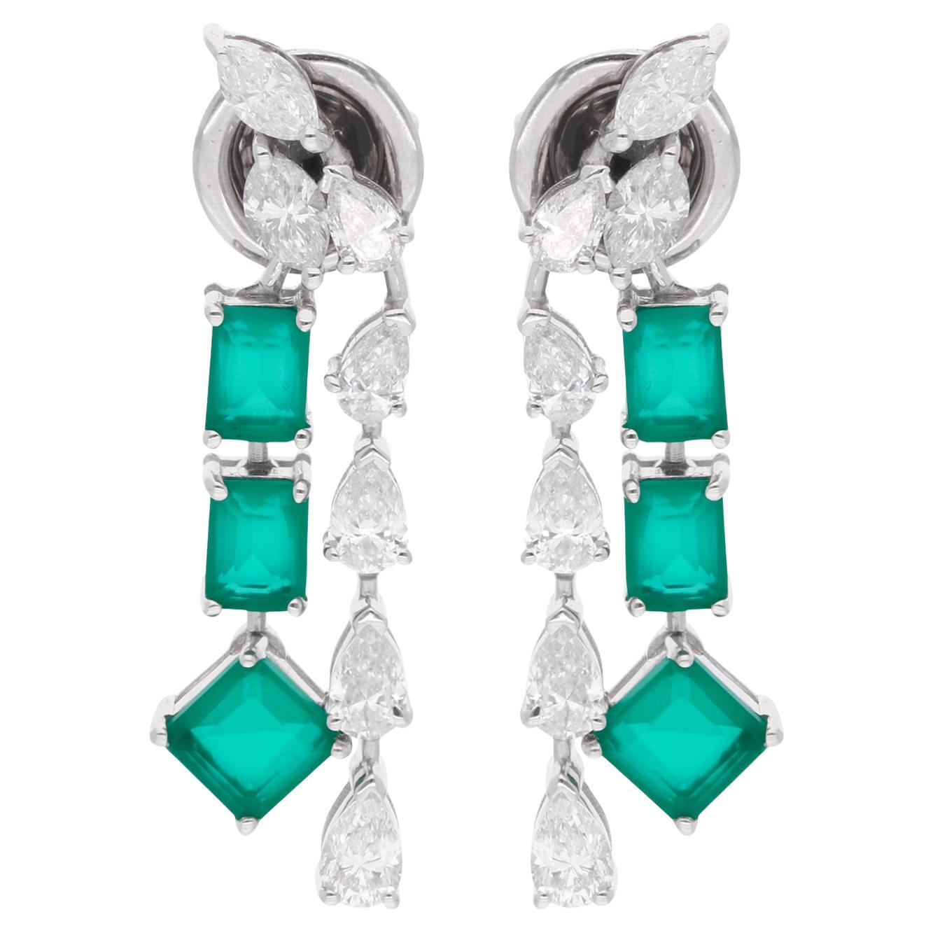 Green Gemstone Earrings Pear Shape Diamond 18 Karat White Gold Handmade Jewelry
