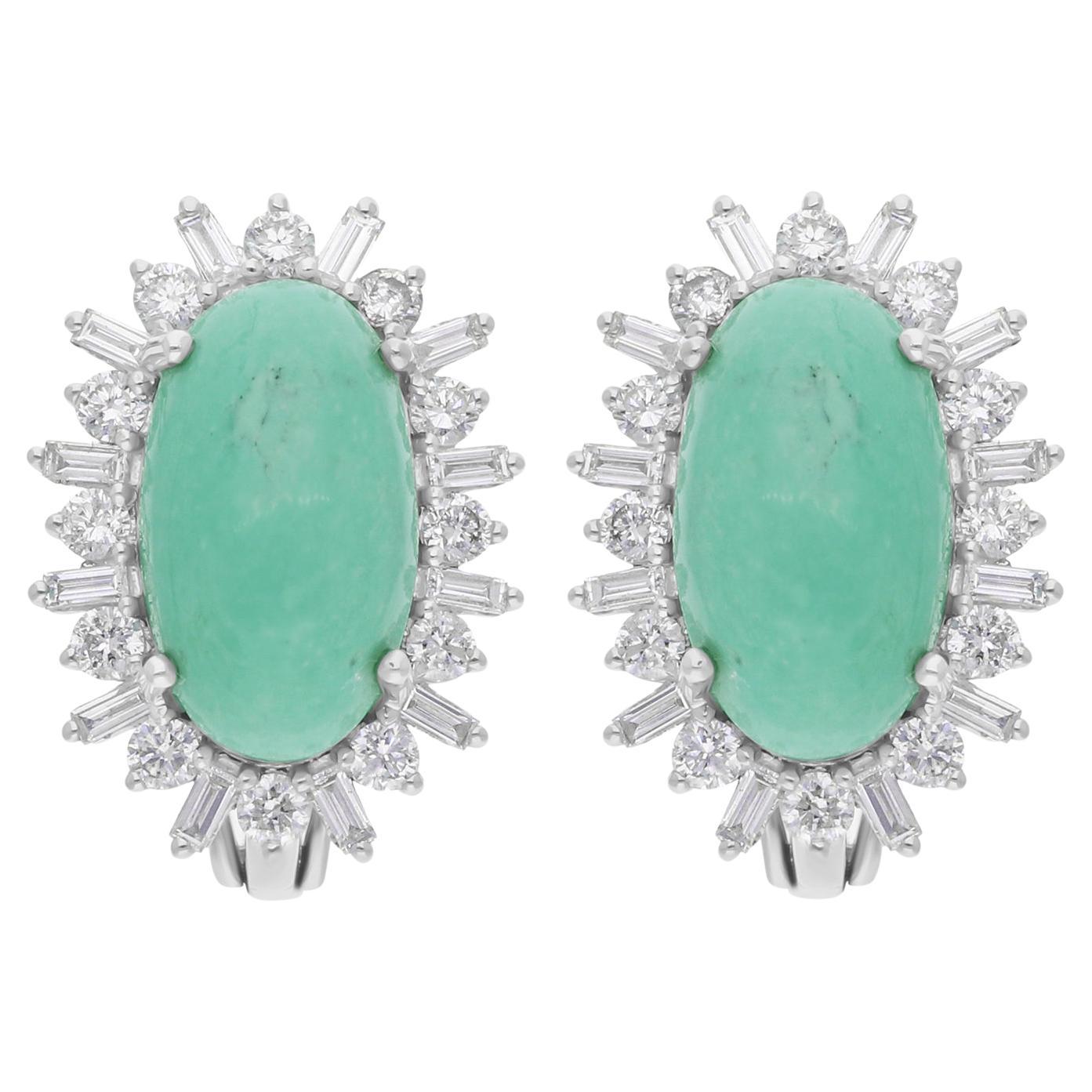Green Gemstone Earrings SI/H Baguette Diamond 14 Karat White Gold Fine Jewelry