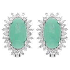 Pendientes Piedra Verde SI/H Diamante Baguette Oro Blanco 14 Quilates Alta Joyería