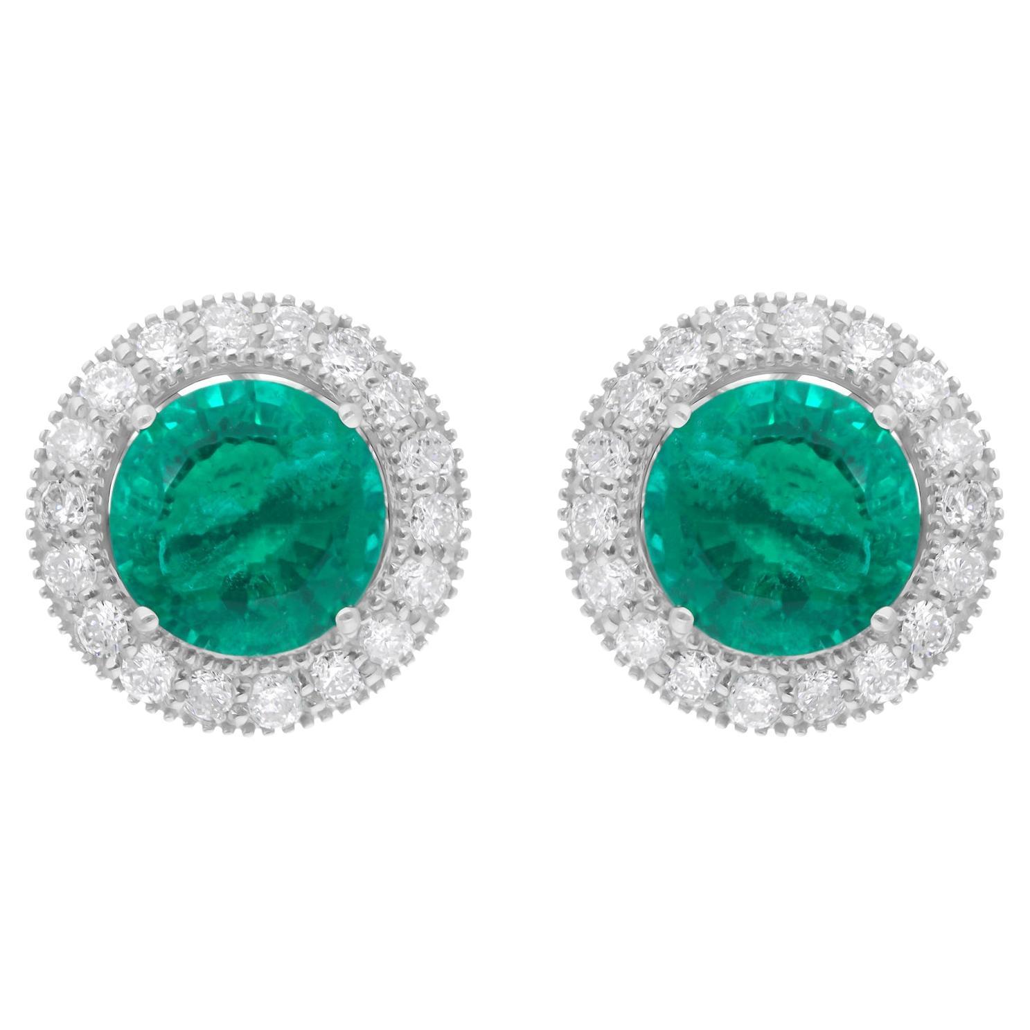 Green Gemstone Earrings SI/H Round Brilliant Cut Diamond 14 Karat White Gold For Sale