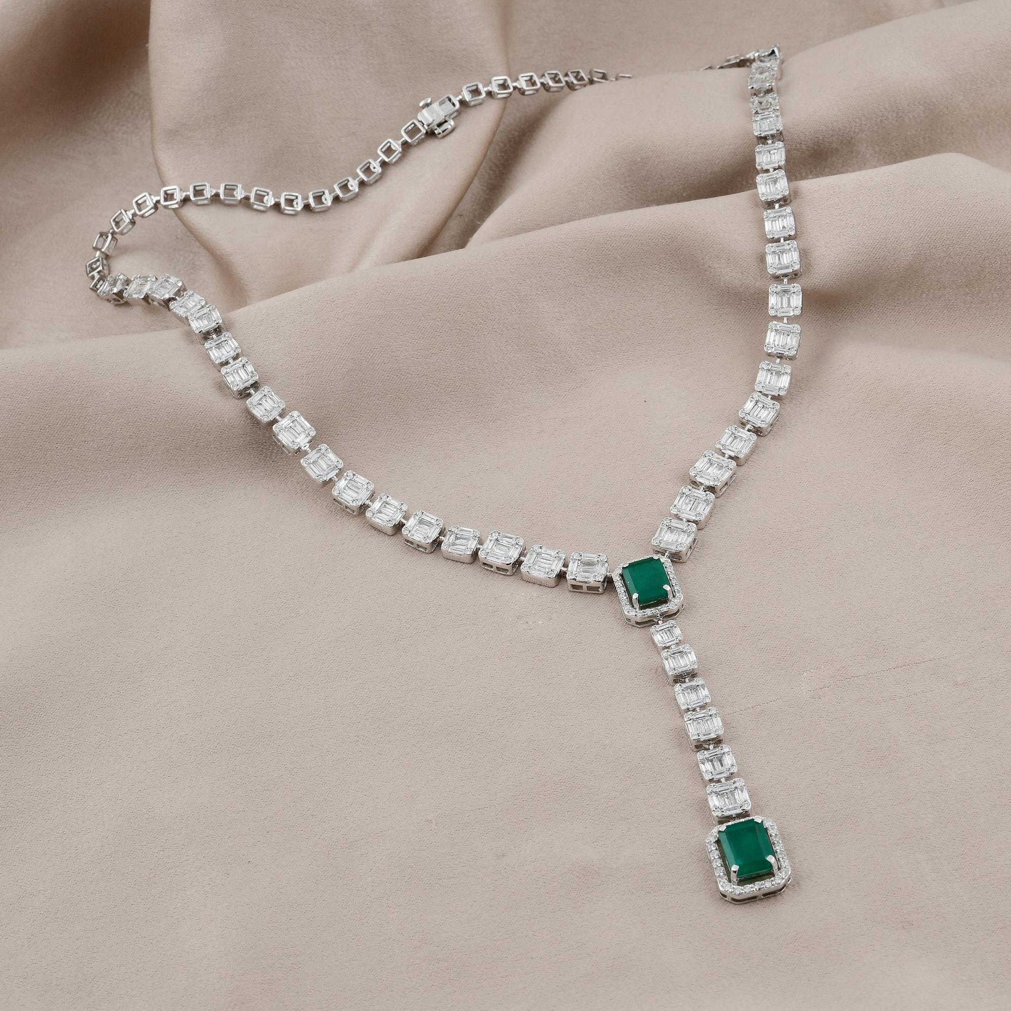 Modern Green Gemstone Lariat Necklace Baguette Diamond 14 Karat White Gold Fine Jewelry For Sale