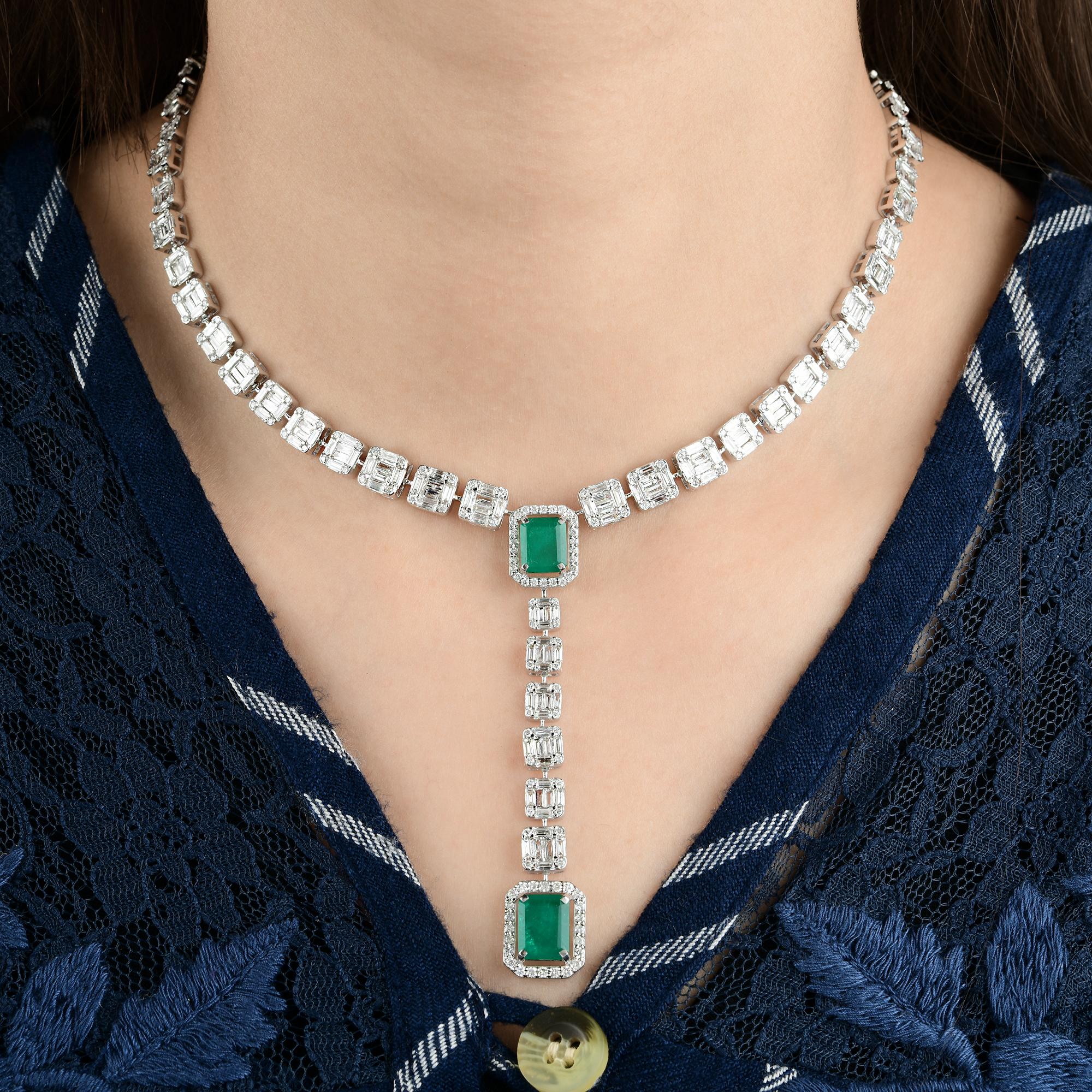 Baguette Cut Green Gemstone Lariat Necklace Baguette Diamond 14 Karat White Gold Fine Jewelry For Sale