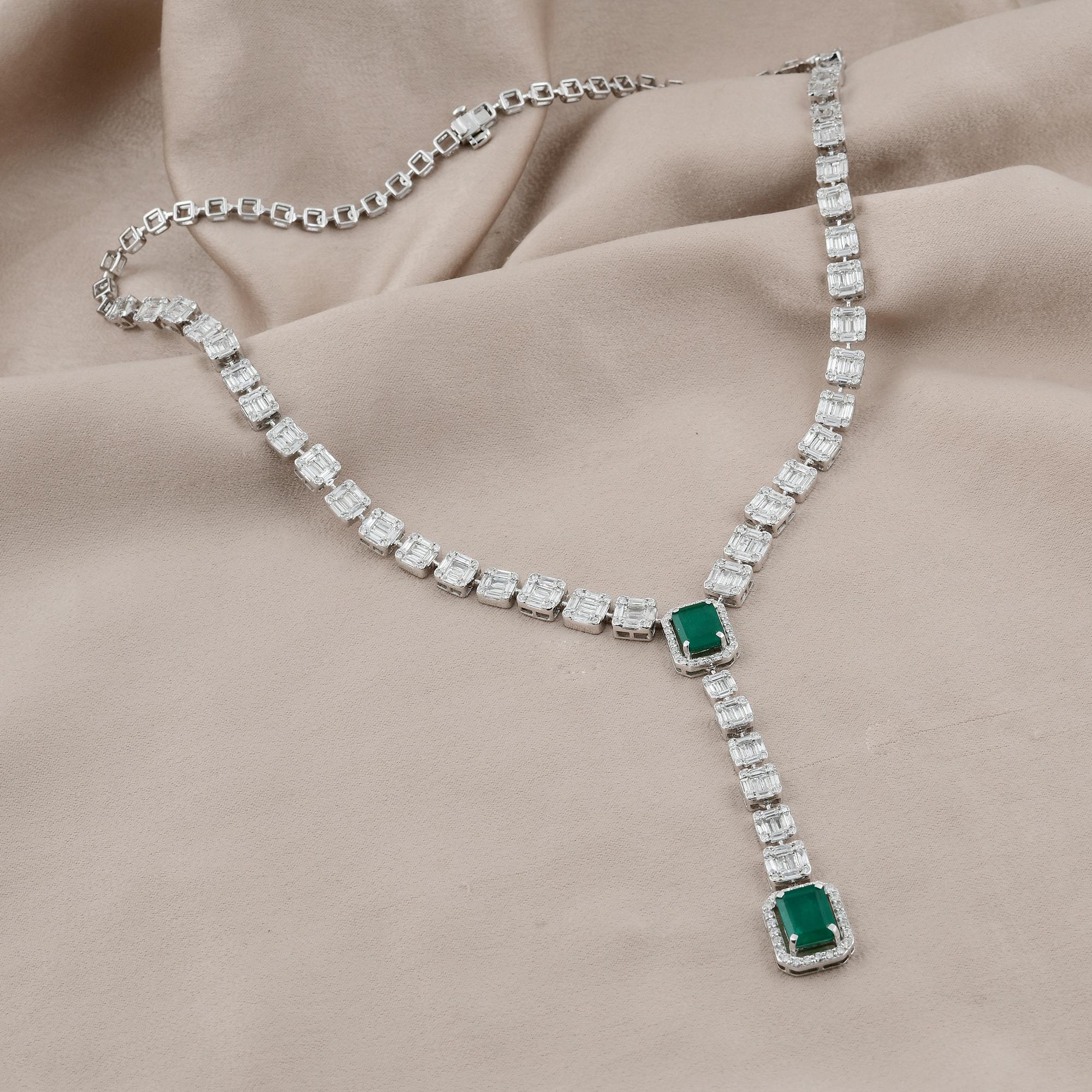 Grüner Edelstein Lariat Halskette Baguette Diamant 14 Karat Weißgold Feine Juwelen (Baguetteschliff) im Angebot