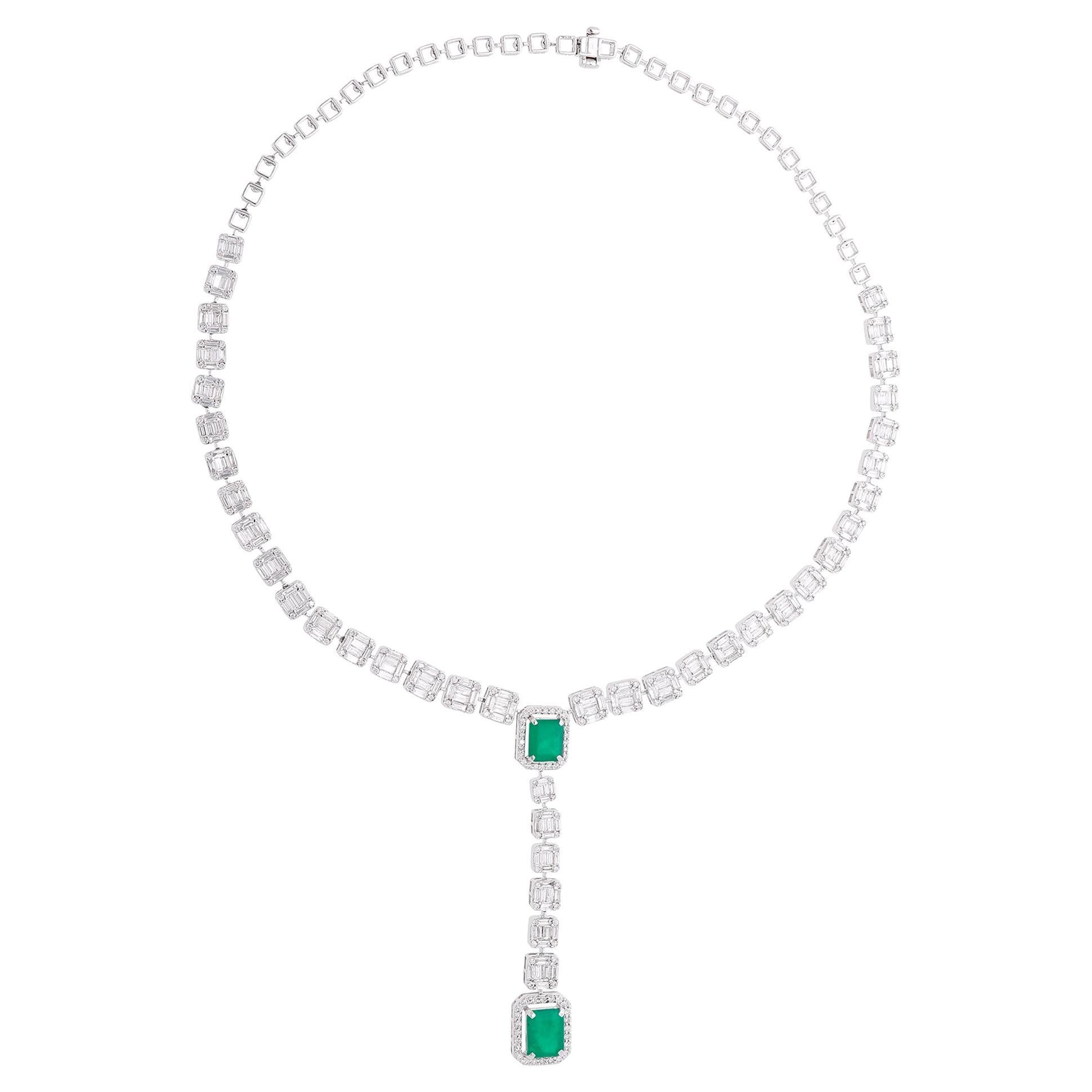 Green Gemstone Lariat Necklace Baguette Diamond 14 Karat White Gold Fine Jewelry For Sale