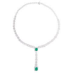 Green Gemstone Lariat Necklace Baguette Diamond 14 Karat White Gold Fine Jewelry