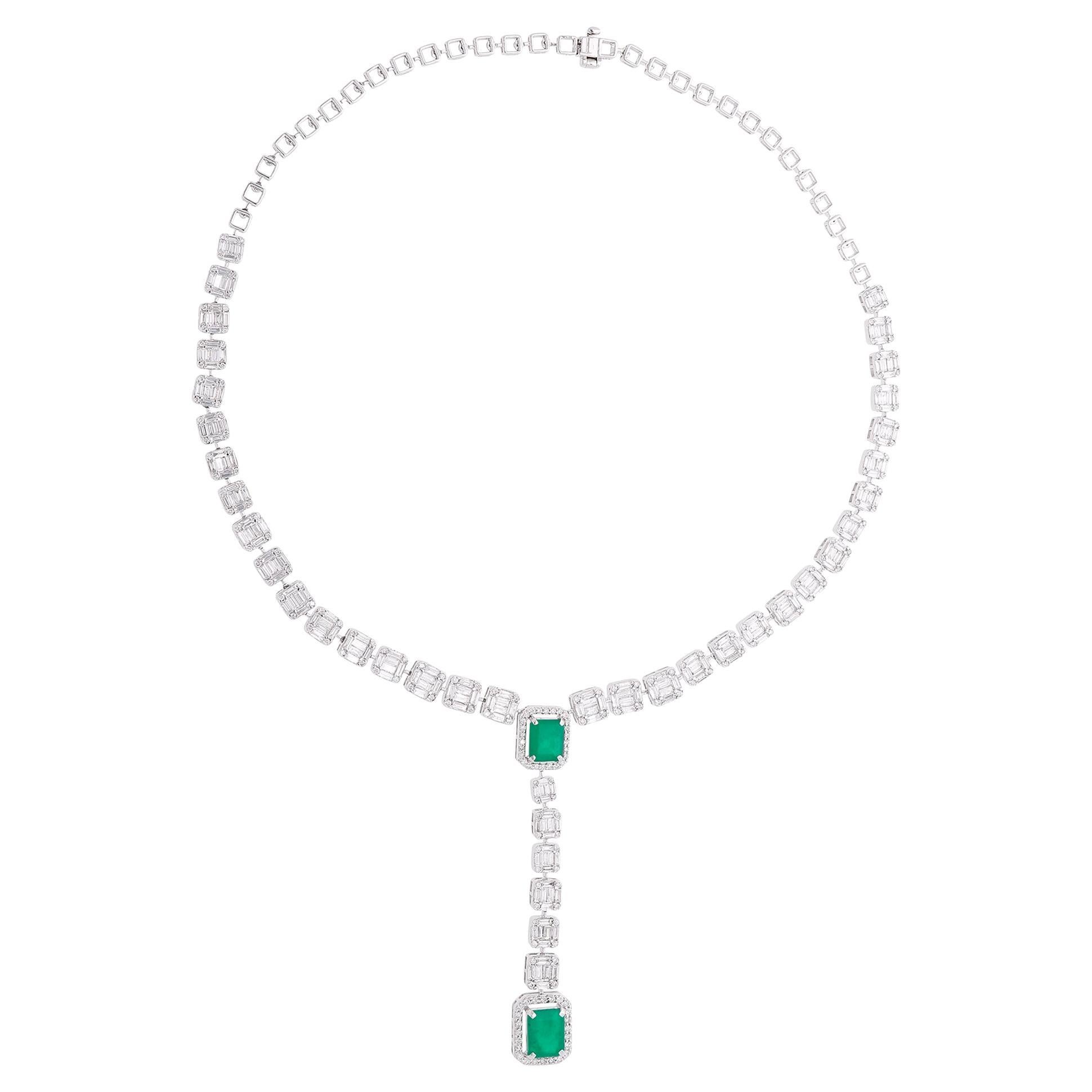Grüner Edelstein Lariat Halskette Baguette Diamant 14 Karat Weißgold Feine Juwelen