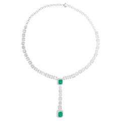 Grüner Edelstein Lariat Halskette Baguette Diamant 14 Karat Weißgold Feine Juwelen