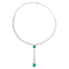 Collar Lariat Piedra Verde Diamante Baguette Oro Blanco 18 Kilates Alta Joyería