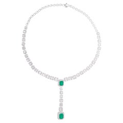 Green Gemstone Lariat Necklace Baguette Diamond 18 Karat White Gold Fine Jewelry