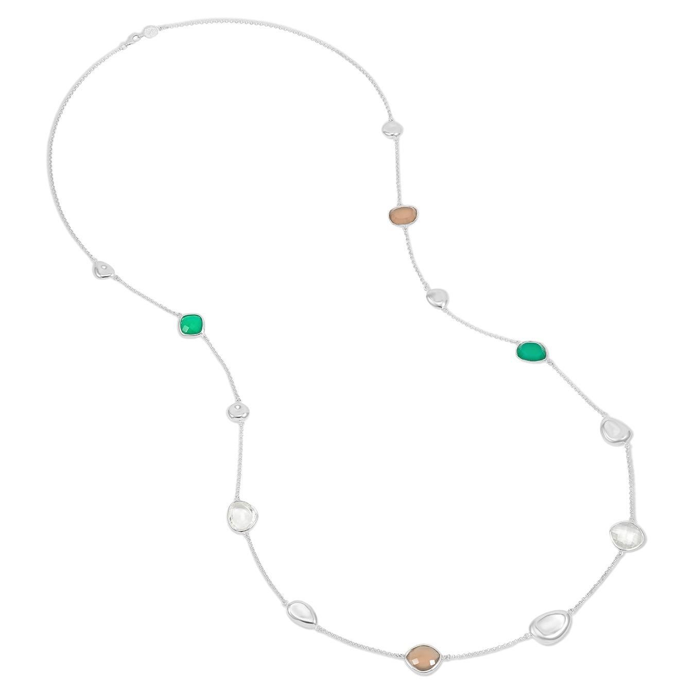 Green Gemstones & Pebbles Long Necklace In Sterling Silver For Sale