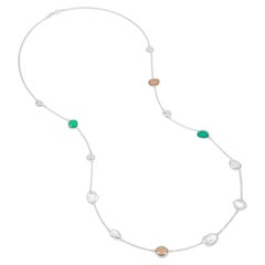 Green Gemstones & Pebbles Long Necklace In Sterling Silver