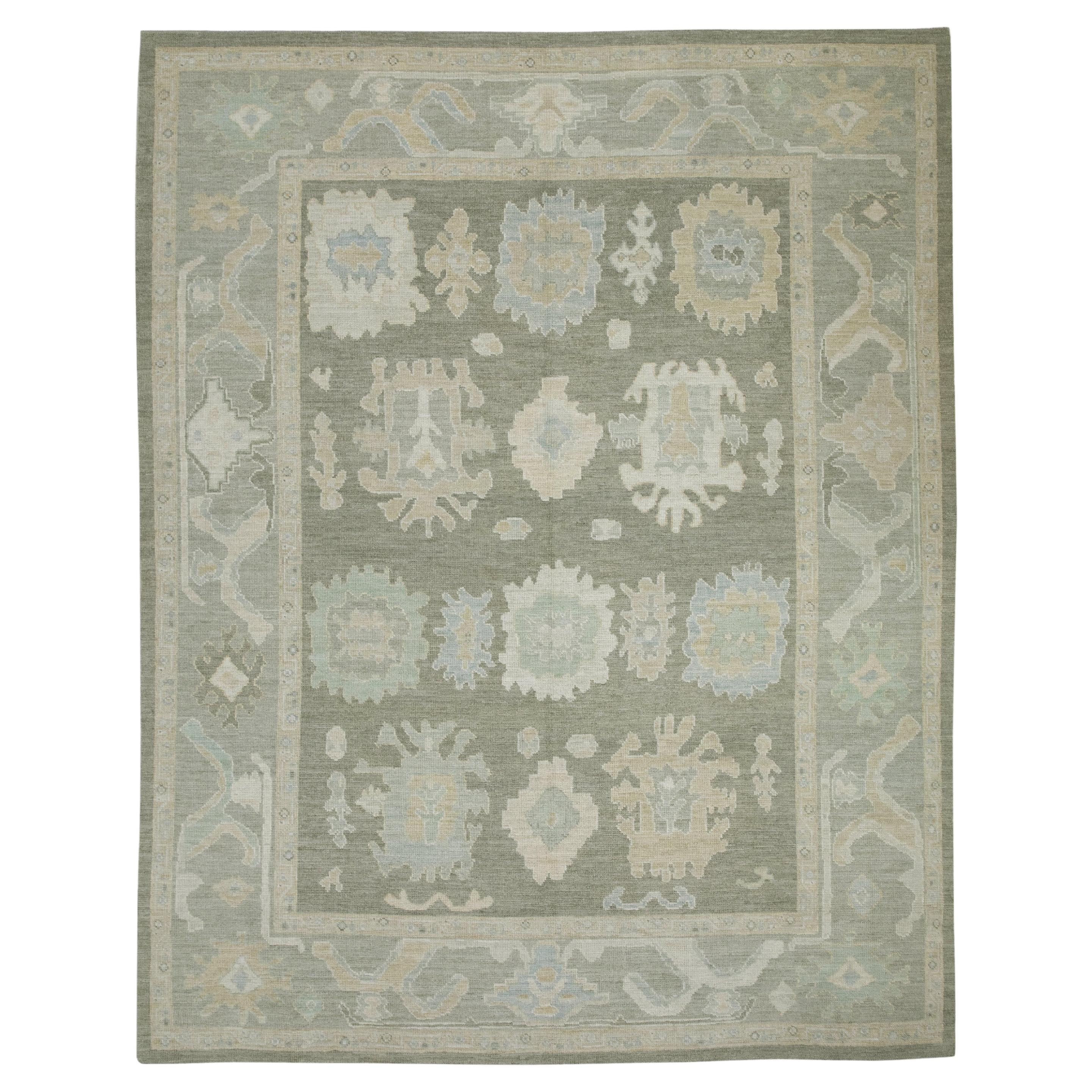 Tapis turc Oushak en laine à motif géométrique vert tissé à la main 7'11" x 10'2".