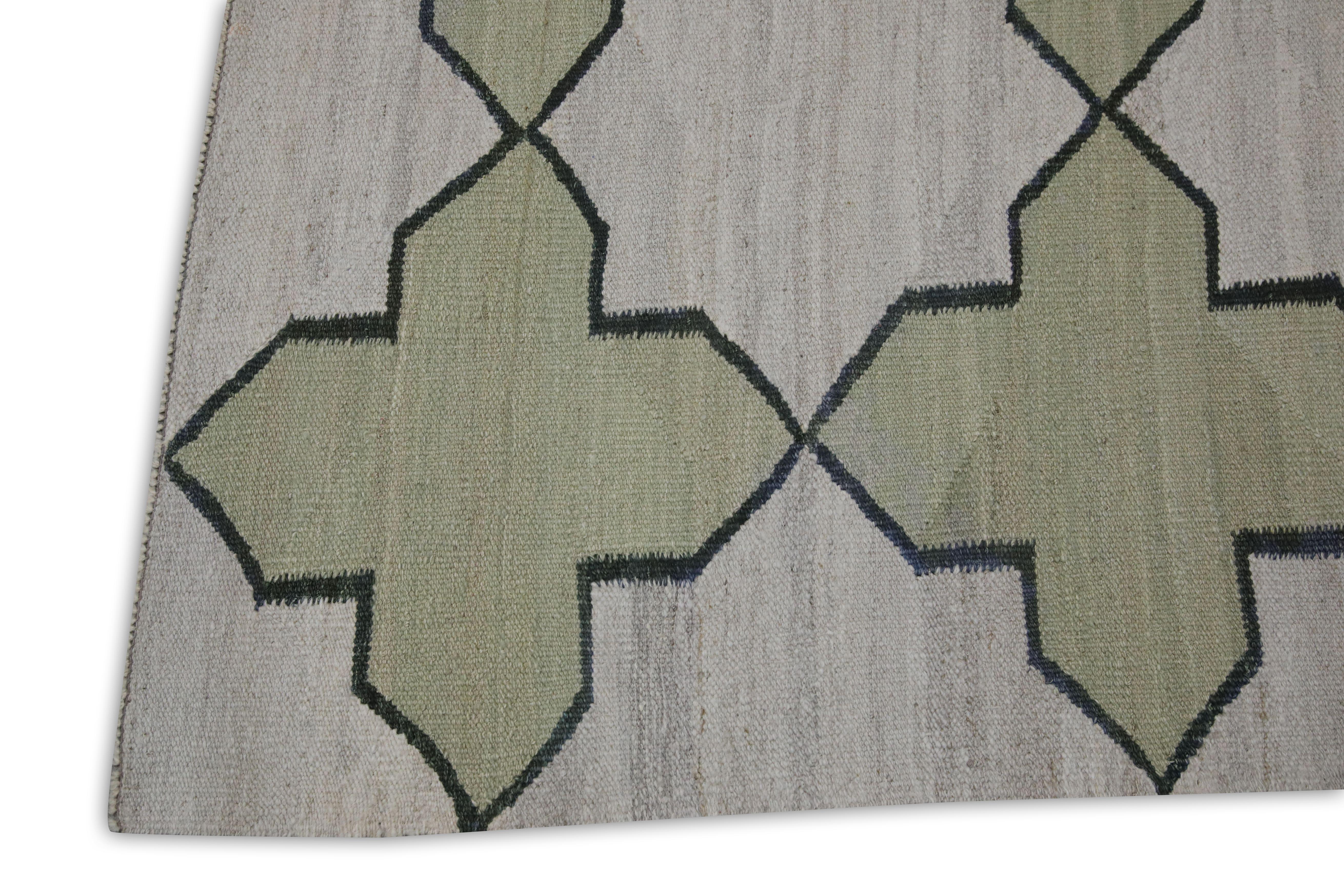 Kilim Green Geometric Design Modern Flatweave Handmade Wool Rug For Sale