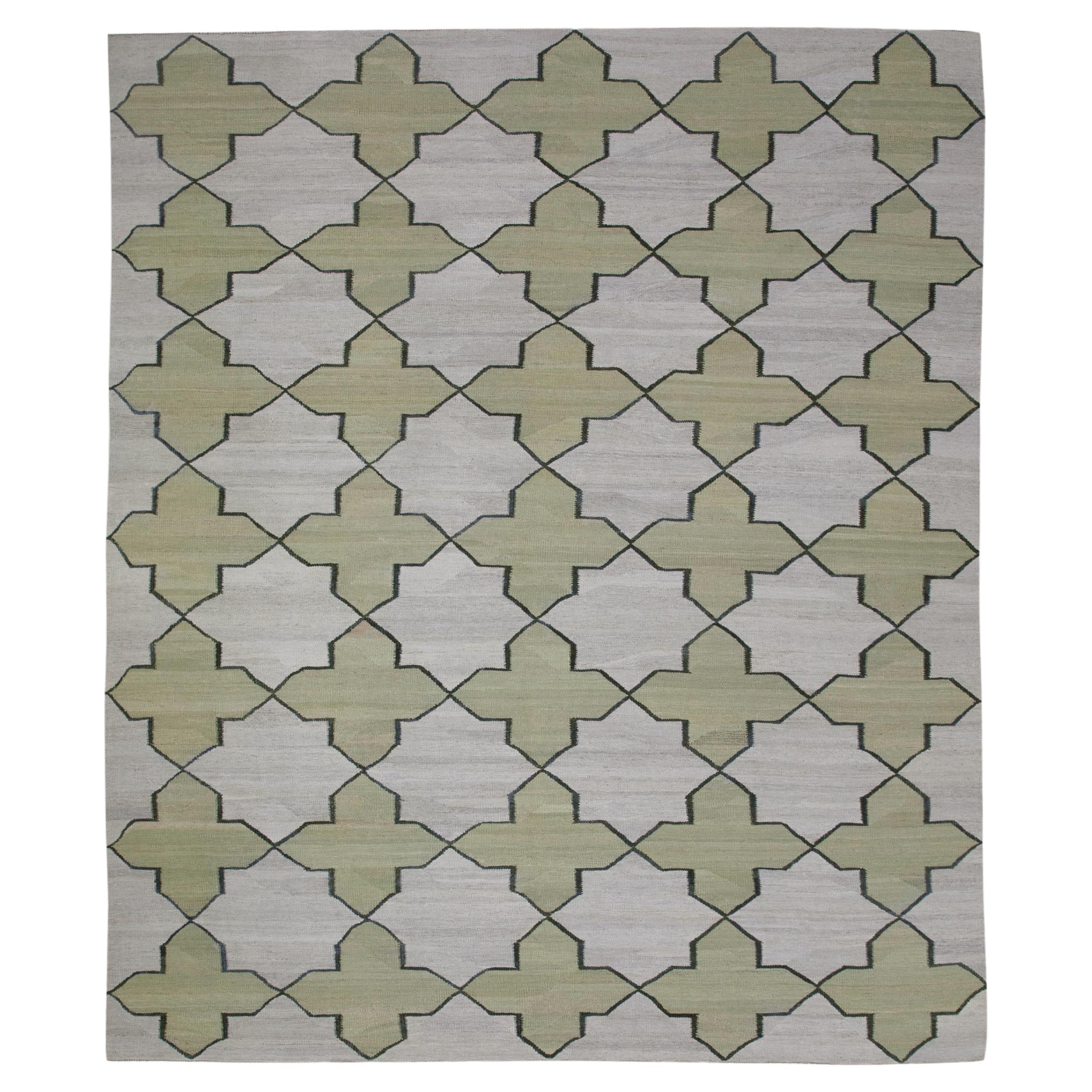 Green Geometric Design Modern Flatweave Handmade Wool Rug For Sale