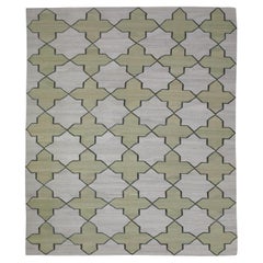Tapis moderne en laine à tissage plat à motif géométrique vert fait à la main 8'5" X 10'