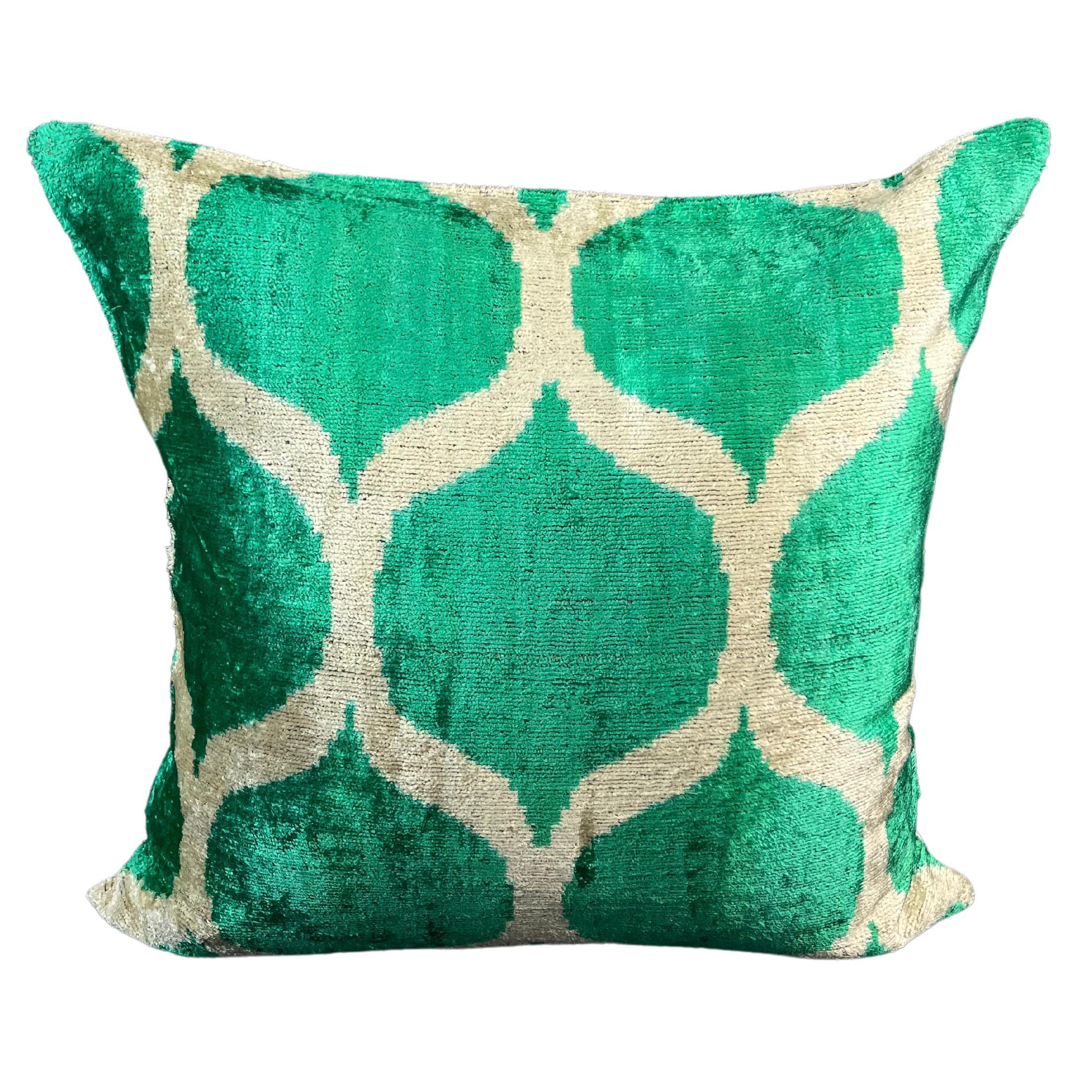 Green Geometric Design Velvet Silk Ikat Pillow Cover
