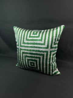 Green Geometric Pattern Velvet Silk Ikat Pillow Cover