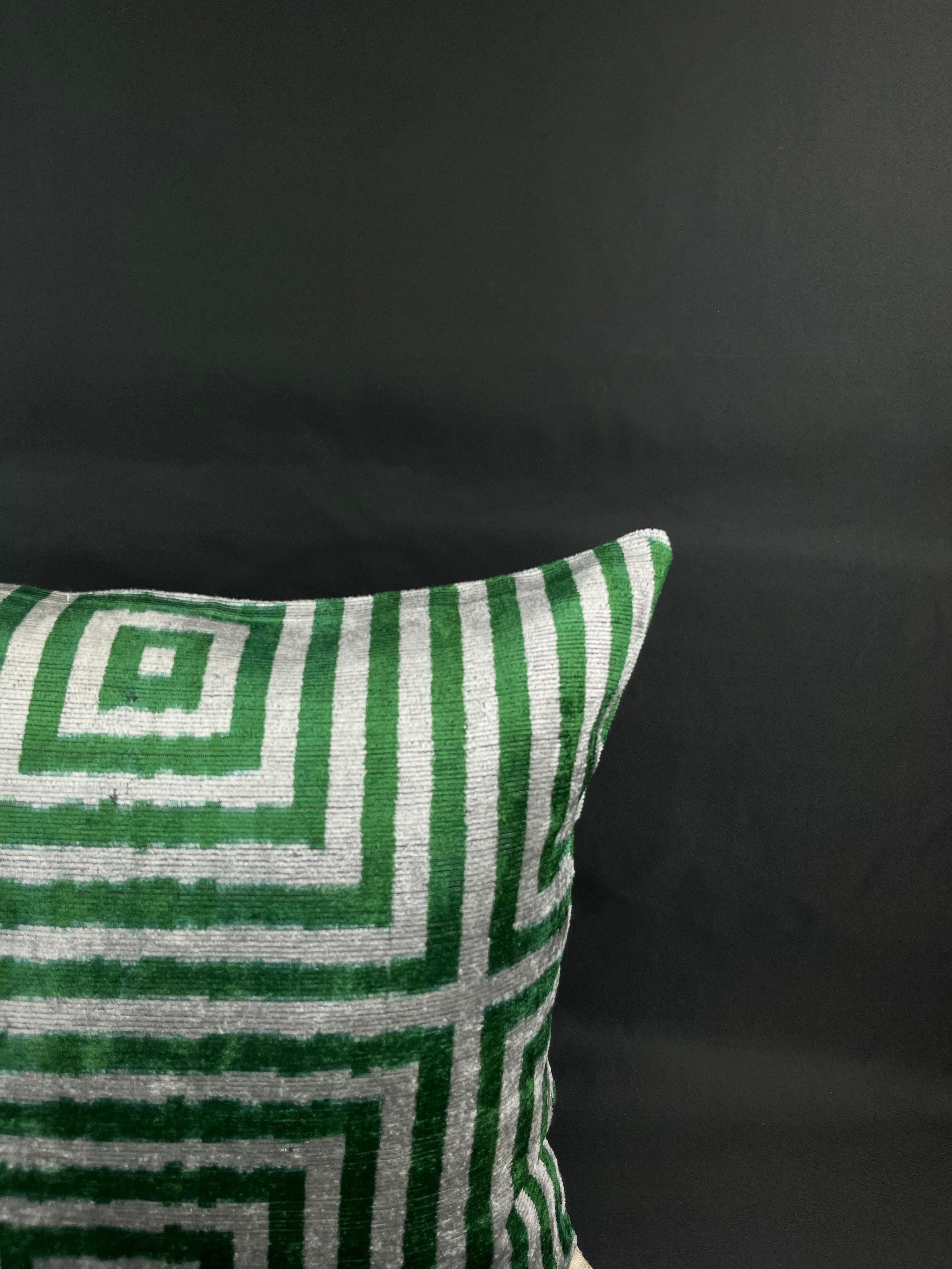 Modern Green Geometric Pattern Velvet Silk Ikat Pillow Cover