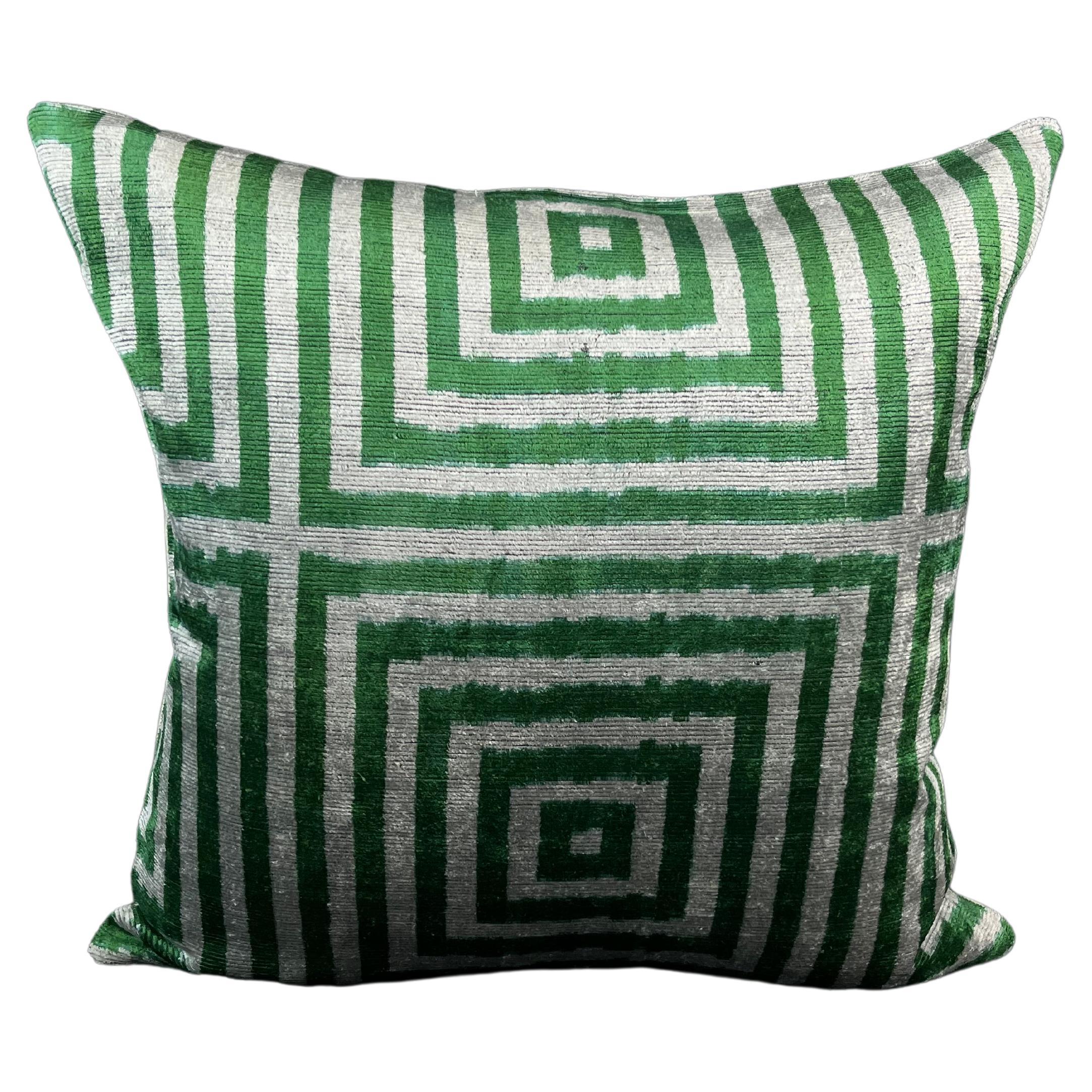 Green Geometric Pattern Velvet Silk Ikat Pillow Cover