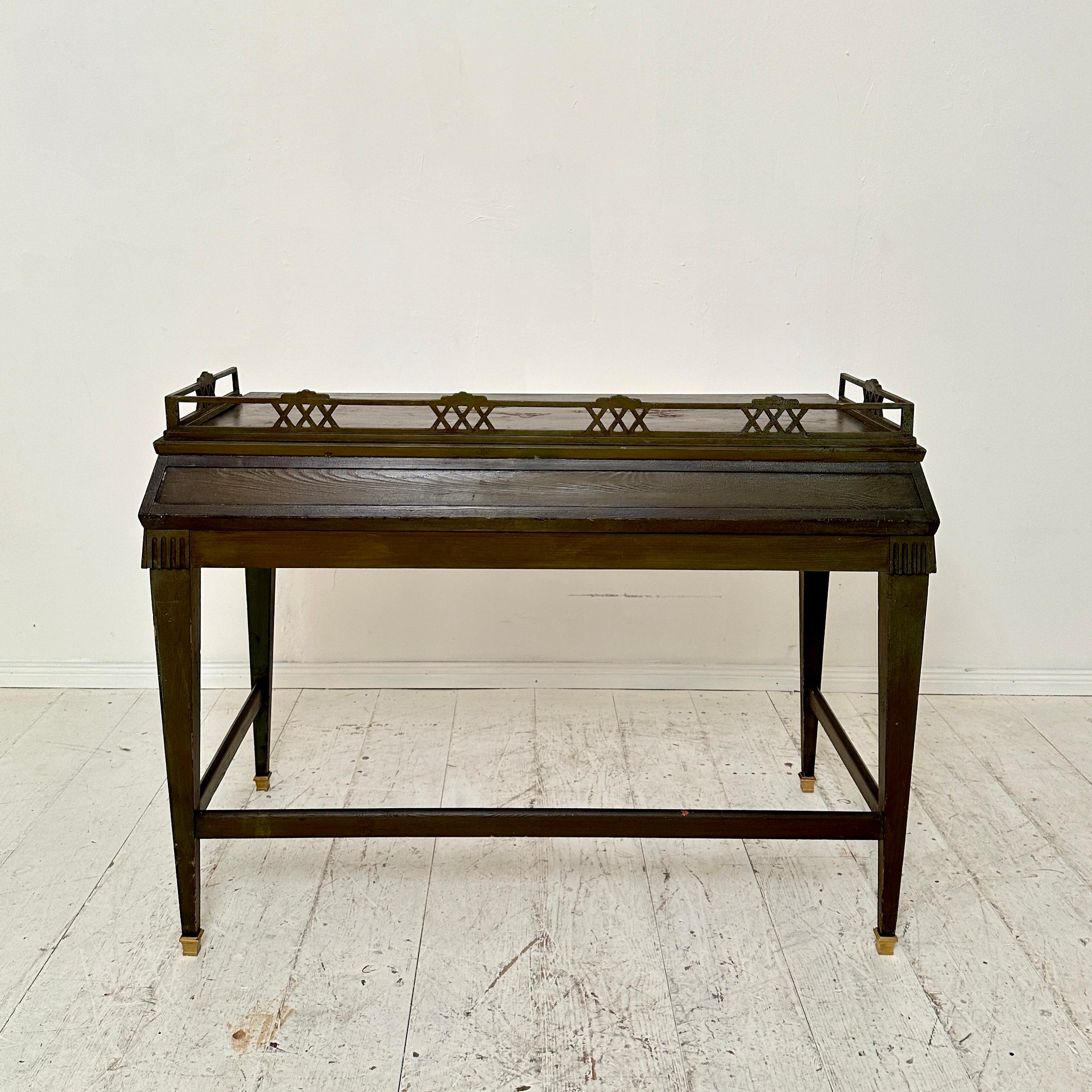 Green German Art Deco Chinoiserie Desk with 2 Drawers and tapered Legs, 1920s 7