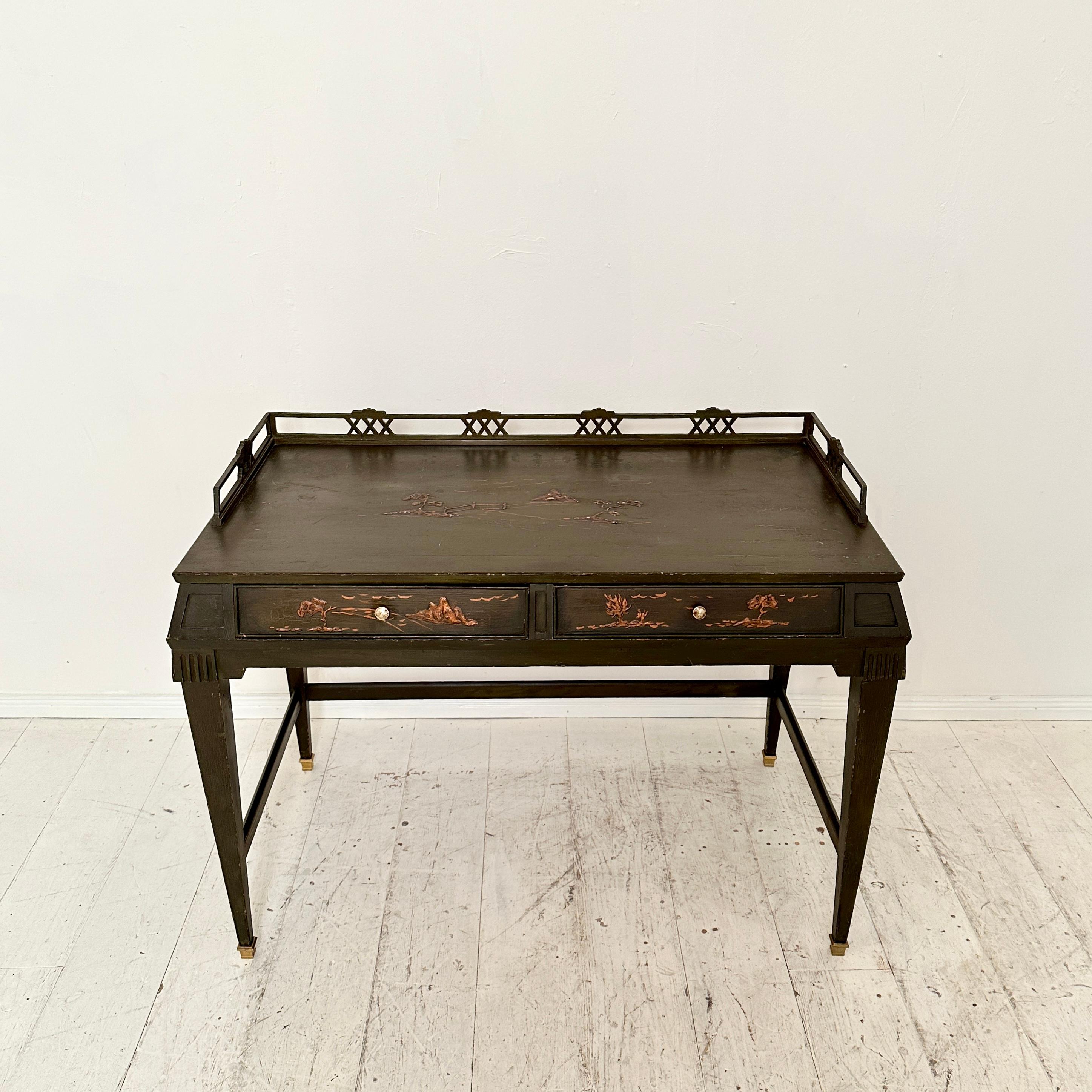 Brass Green German Art Deco Chinoiserie Desk with 2 Drawers and tapered Legs, 1920s