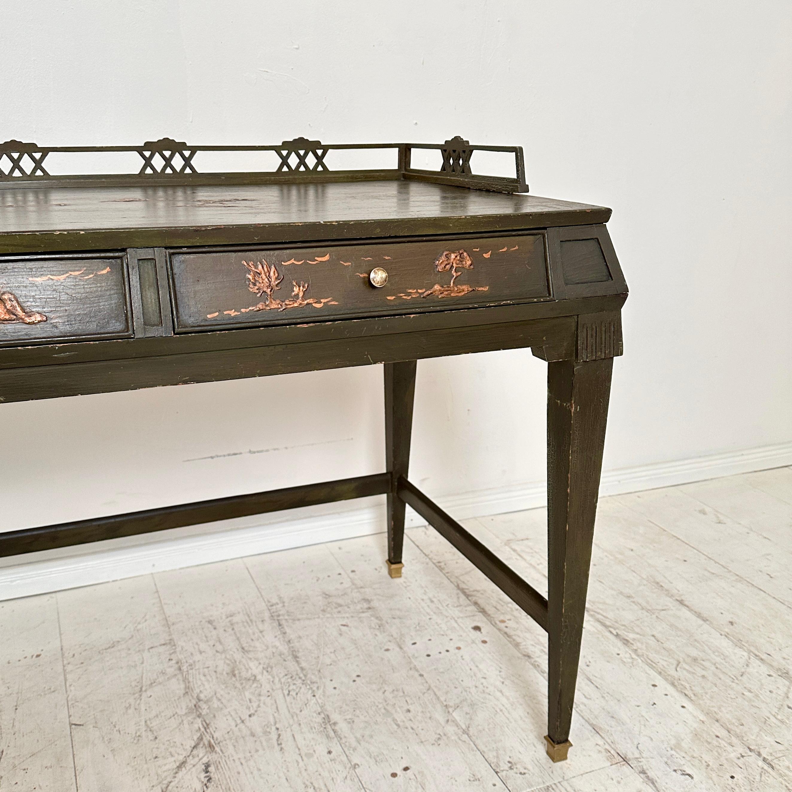 Green German Art Deco Chinoiserie Desk with 2 Drawers and tapered Legs, 1920s 3