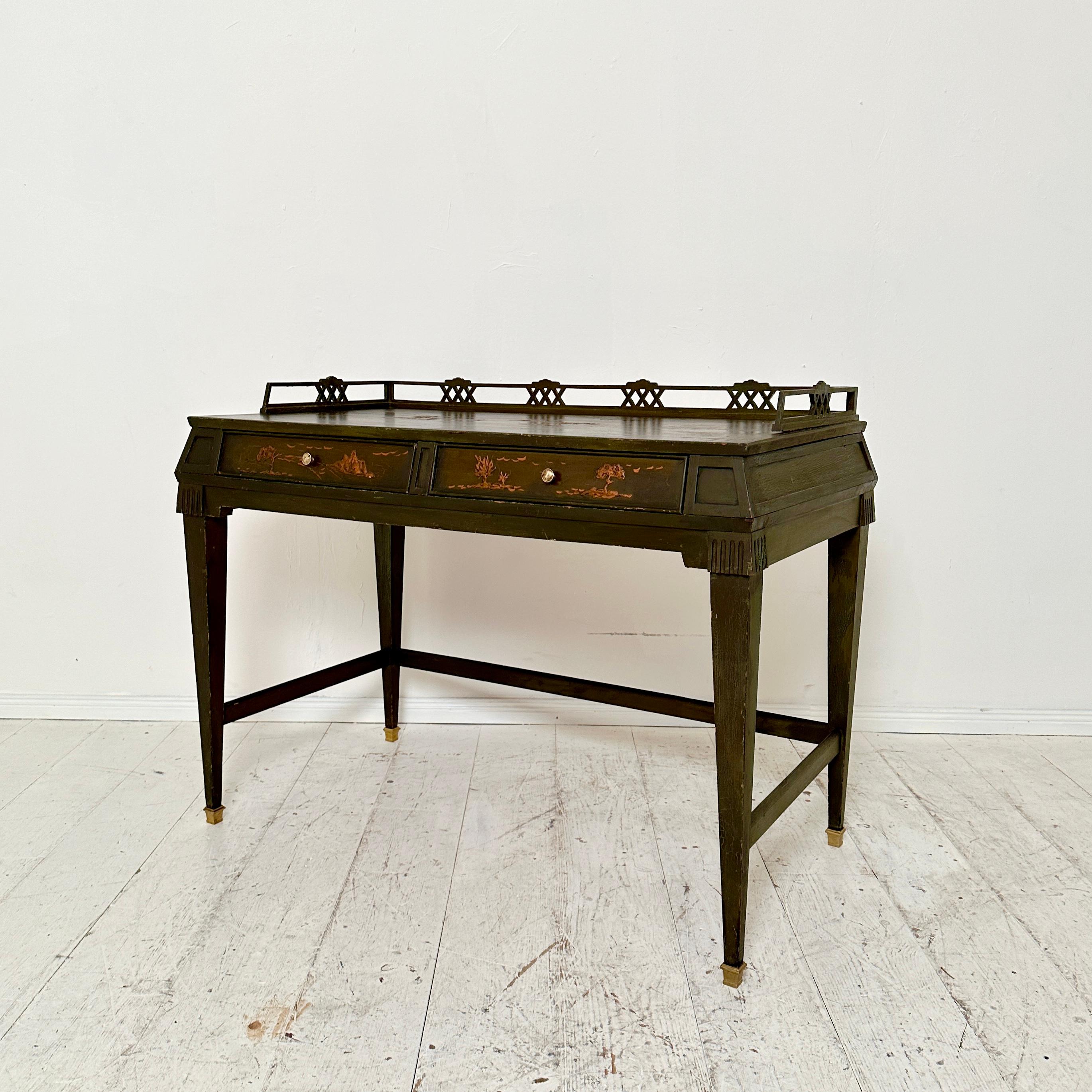 Green German Art Deco Chinoiserie Desk with 2 Drawers and tapered Legs, 1920s 4