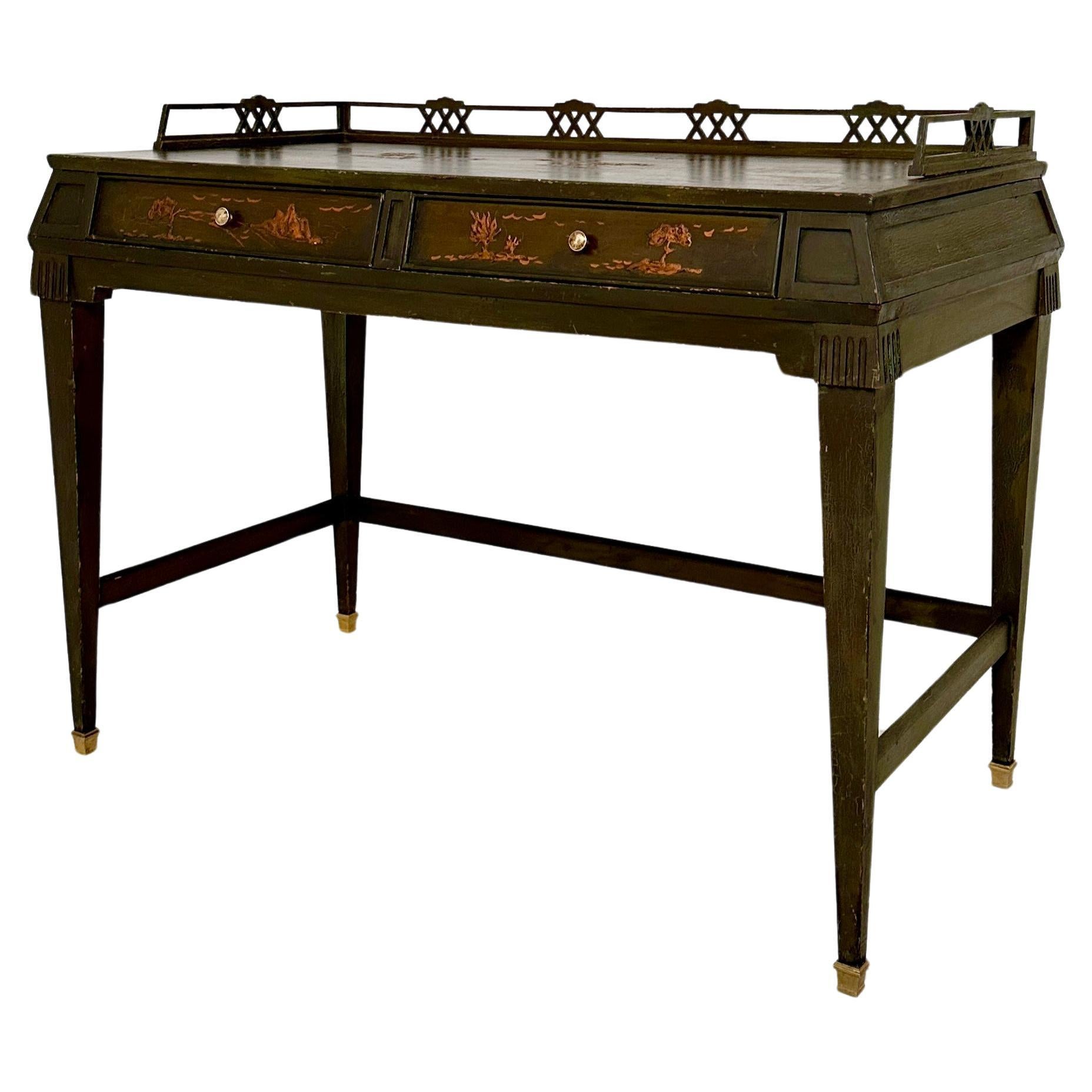 Green German Art Deco Chinoiserie Desk with 2 Drawers and tapered Legs, 1920s