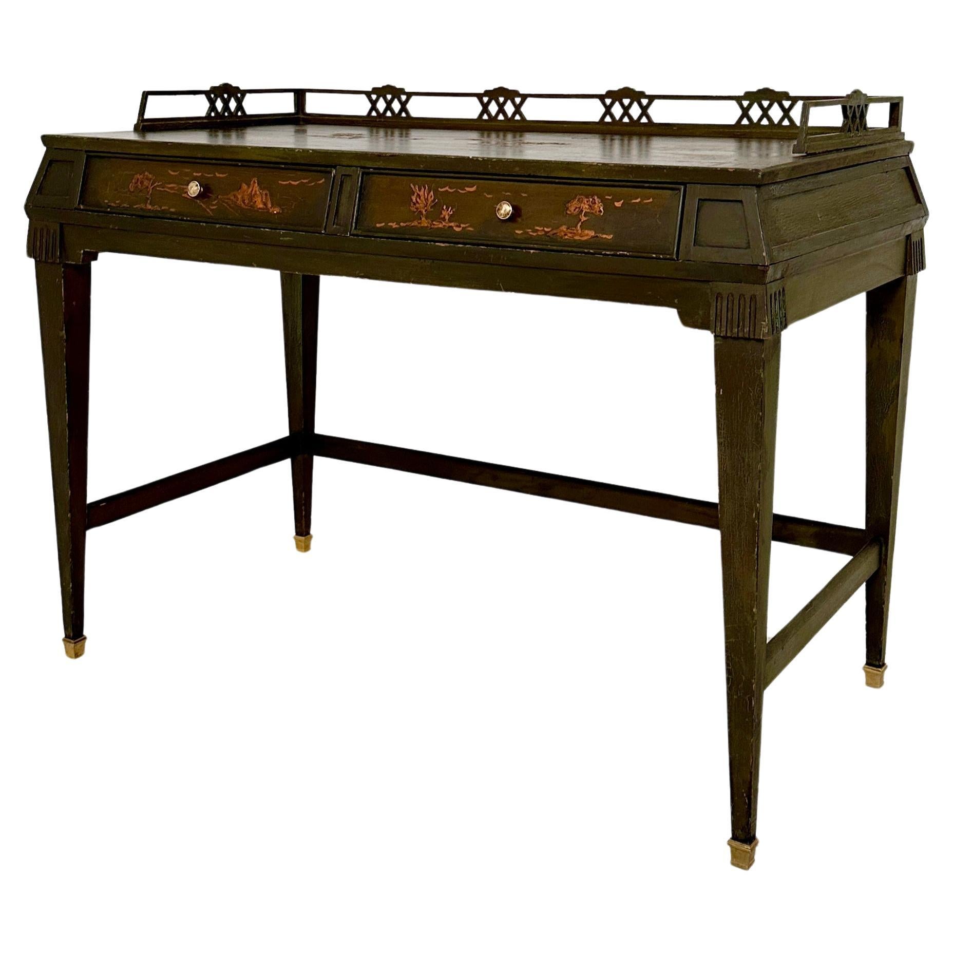 Grüner deutscher Art Deco Chinoiserie-Schreibtisch mit 2 Schubladen und konischen Beinen, 1920er Jahre