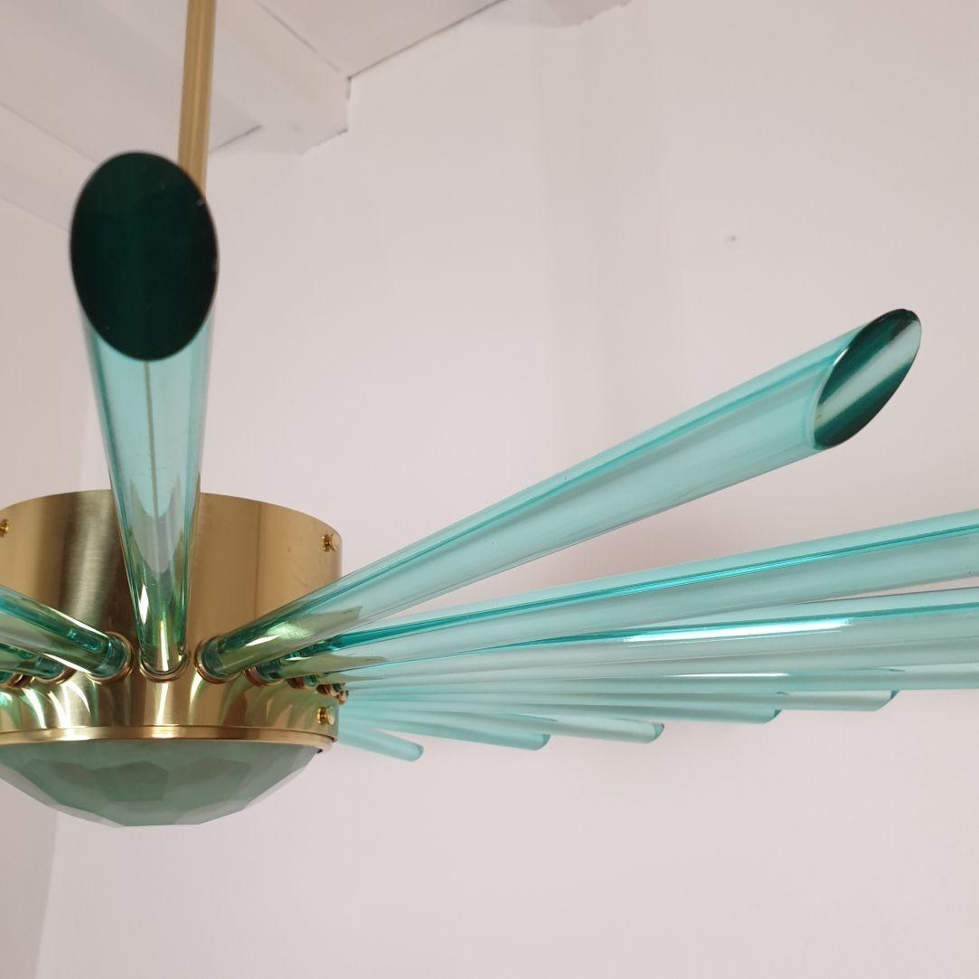 Green Glass and Brass Sputnik Chandelier For Sale 4