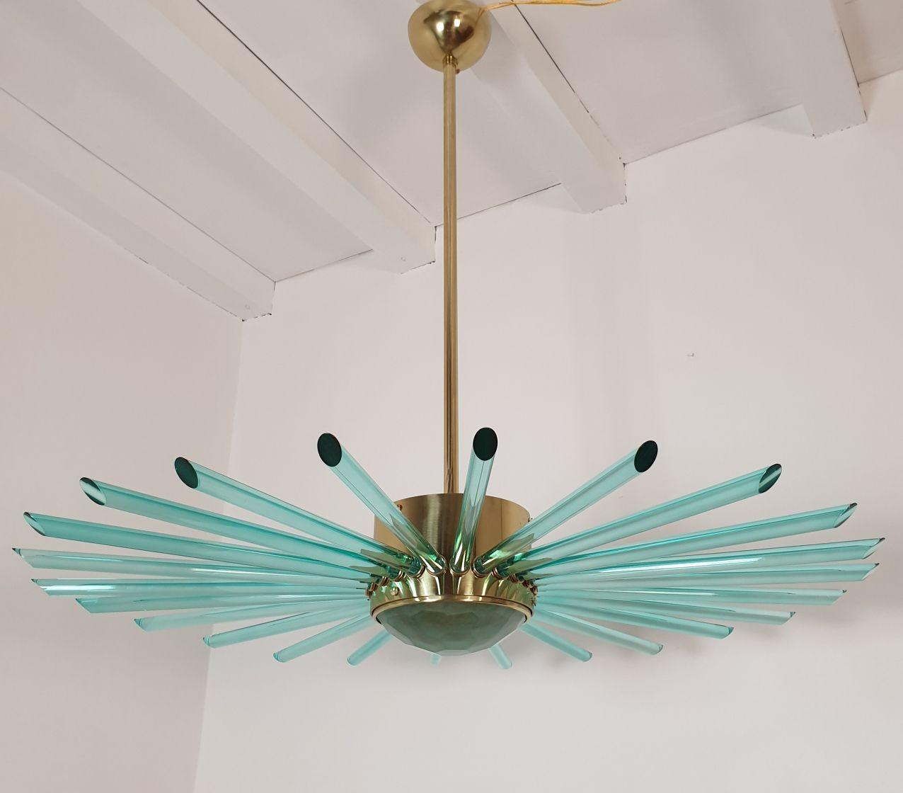 Italian Green Glass and Brass Sputnik Chandelier For Sale