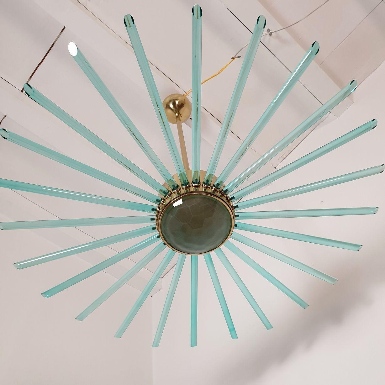 Late 20th Century Green Glass and Brass Sputnik Chandelier For Sale