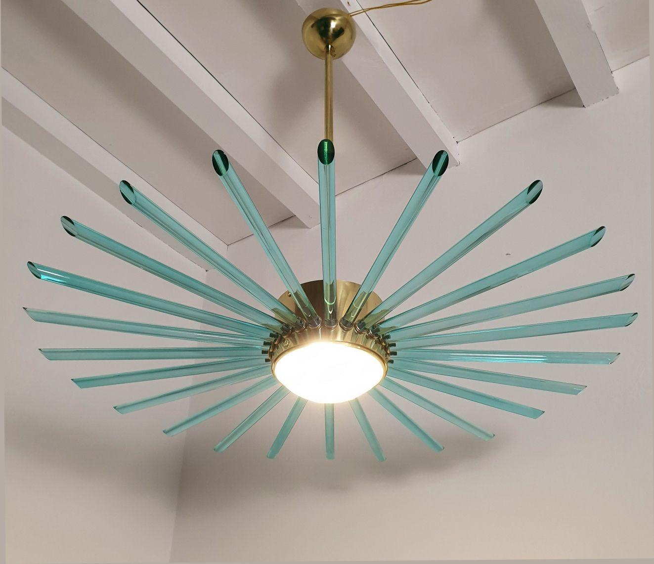 Green Glass and Brass Sputnik Chandelier For Sale 1