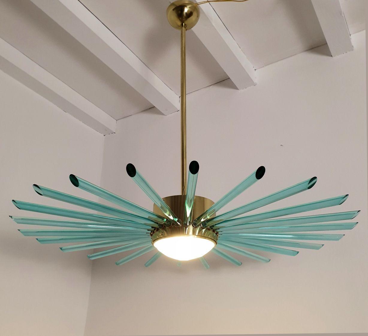 Green Glass and Brass Sputnik Chandelier For Sale 2