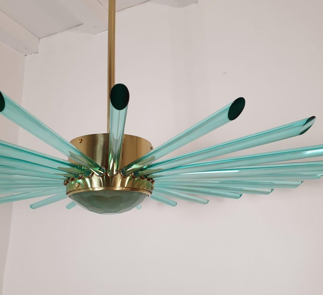 Green Glass and Brass Sputnik Chandelier For Sale 3