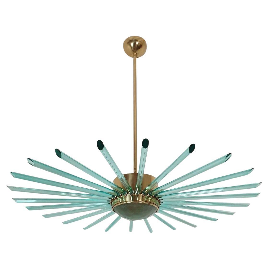 Green Glass and Brass Sputnik Chandelier For Sale