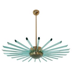 Green Glass and Brass Sputnik Large Chandelier, Mid Century Modern